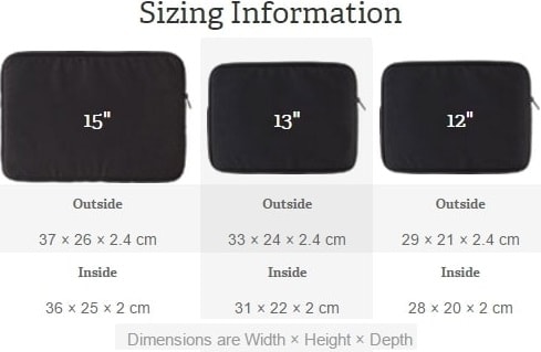 Laptop sleeves sizing information